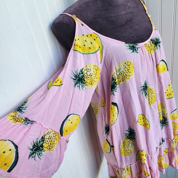 Solitaire Swim Cover Up Dress Pink Yelloe Pinapple Mellon Print Lighweight Sz M - Picture 3 of 11